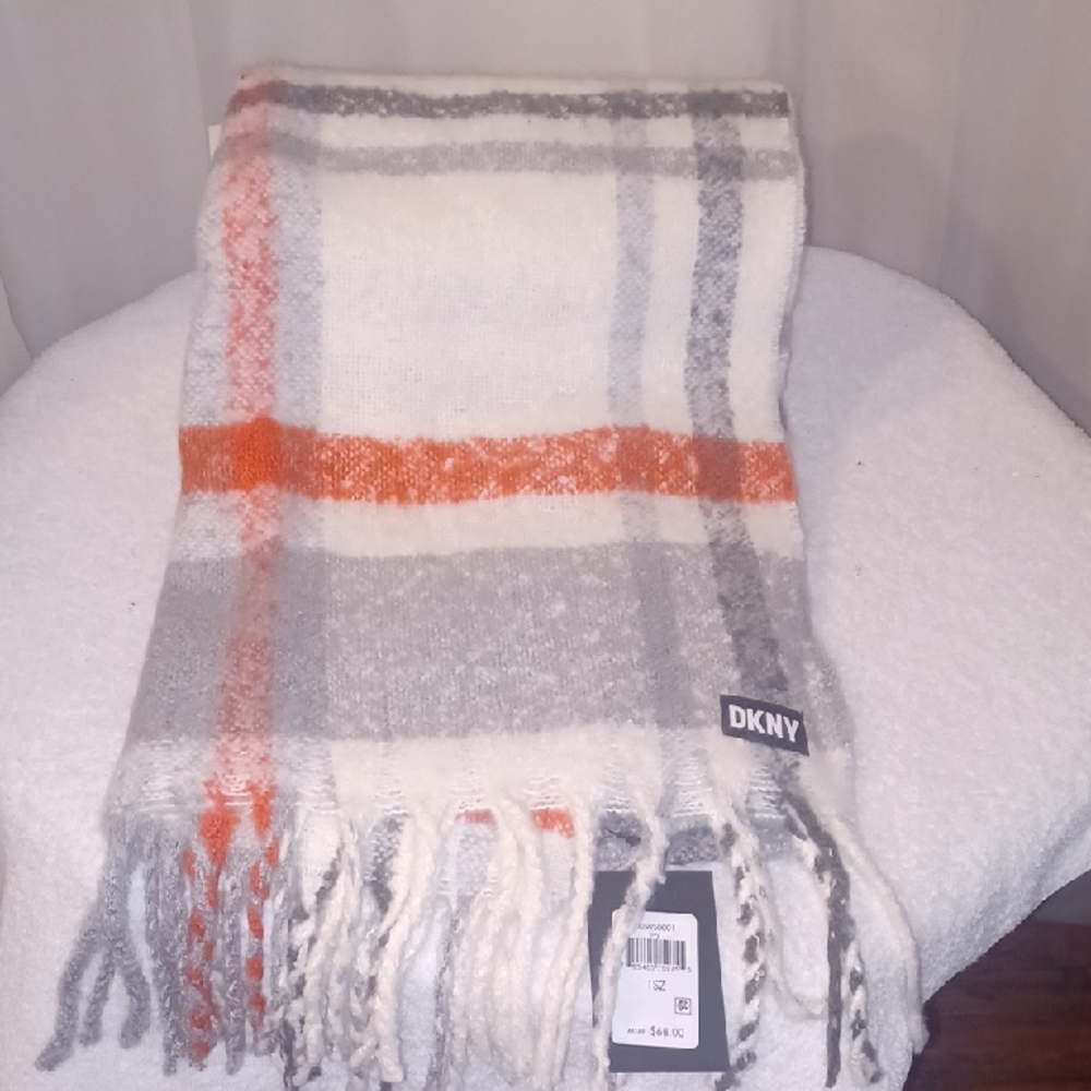 NWT DKNY Orange, Gray, and Cream Plaid Scarf